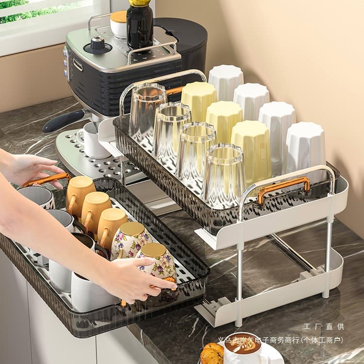 Double-Layer Cup Holder for Tea and Coffee Cups with Drip Tray, Home Desktop Tea Set Organizer