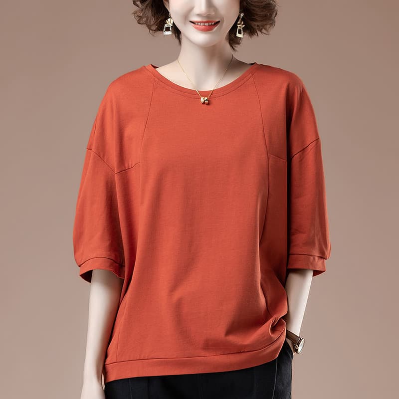 Three-Quarter Sleeve T-Shirt for Women Summer Plus Size Loose Fit Middle-Aged Mother Casual Medium Sleeve Undershirt 9828