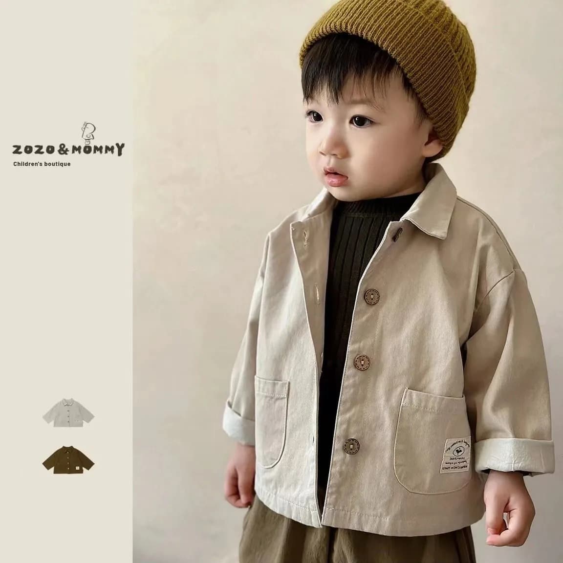 【Autumn Leaves Letterhead】Japanese Style Premium Cotton Label Turn-Down Collar Jacket Autumn Infant Toddler Boys and Girls Cardigan Jacket