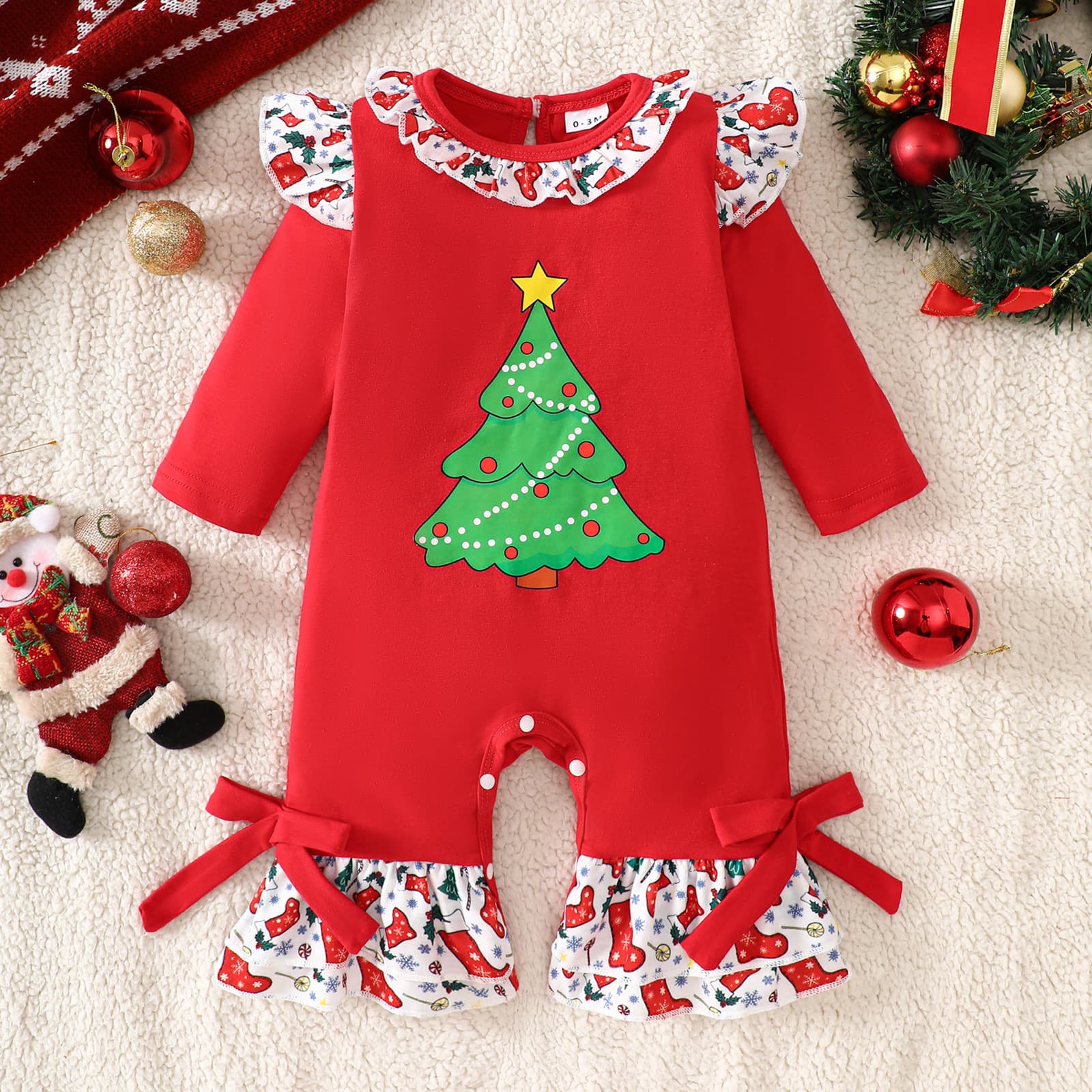 Cross-border New Arrival 2026 Baby Toddler Spring Autumn Long Sleeve Christmas Bodysuit Flutter Sleeve Romper for Girls