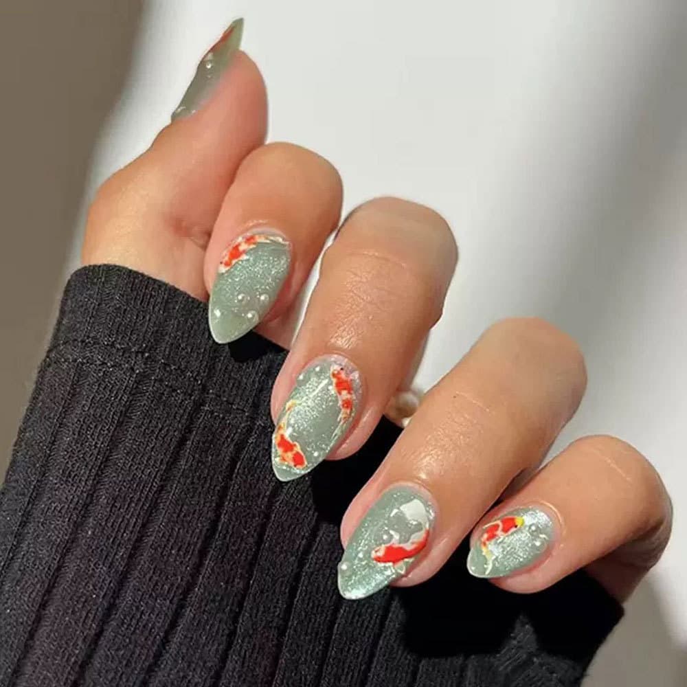 Mint Green Cat Eye Koi Press-On Nails Long Almond Nails Goldfish Pearl Rhinestone Handmade Removable Fake Nails