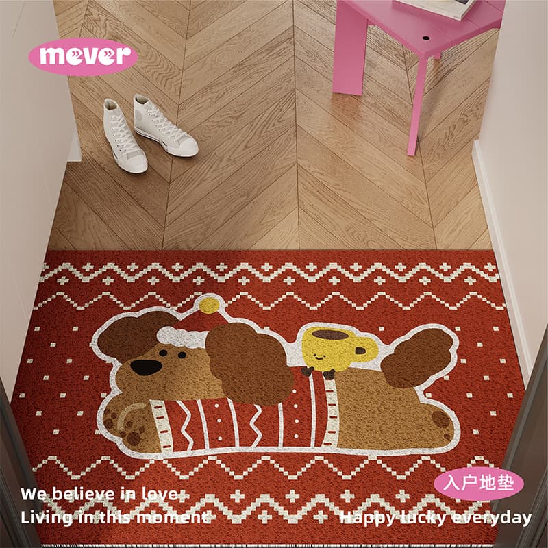 Fair Isle puppy doormat, scraper/frame type, New Year red, anti-slip, for entryway, hallway, or outside the door.