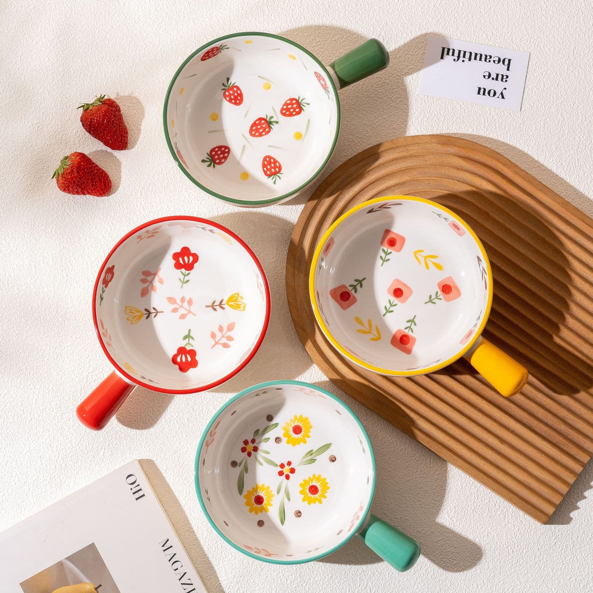 Bohemian Handle Bowl Fresh-Keeping Bowl Ceramic Lunch Box Rice Bowl Bento Bowl Microwave Oven Bowl with Lid Sealed Bowl Free Shipping