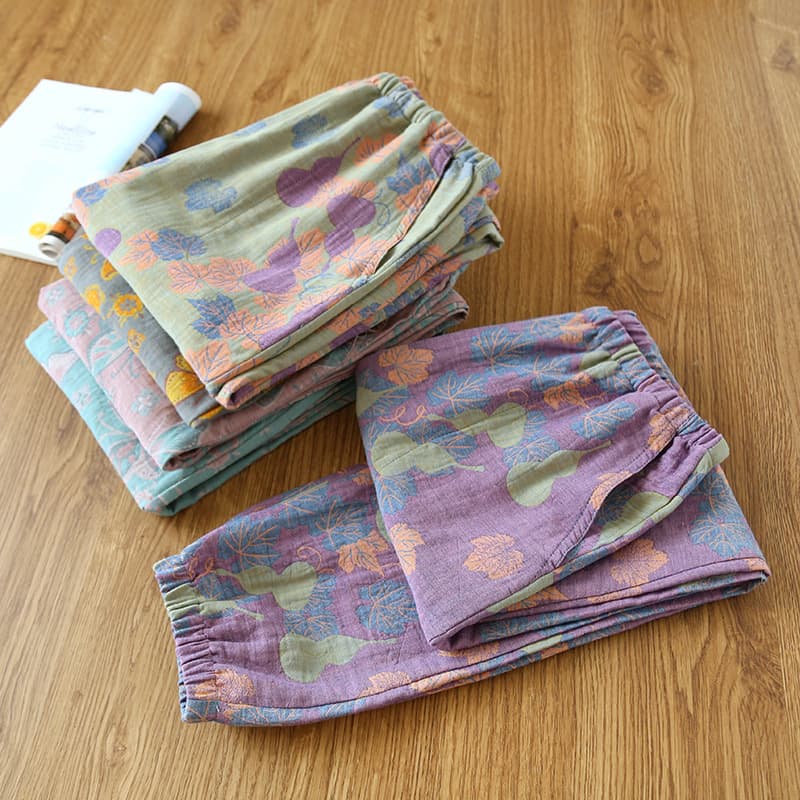 Summer Cotton Sleep Pants Women's Pure Cotton Double-Sided Yarn-Dyed Gauze Long Pants Beach Pants Loose Home Thin Mosquito-Proof Pants