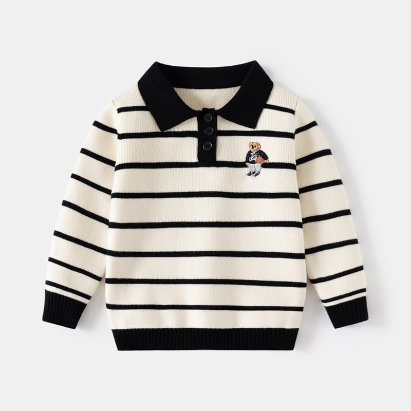 TYG Autumn/Winter New Collection Boys' Lapel Striped Sweater Select Sizes Bulk Purchase Children's Wear Single-layer Cartoon Embroidery Top