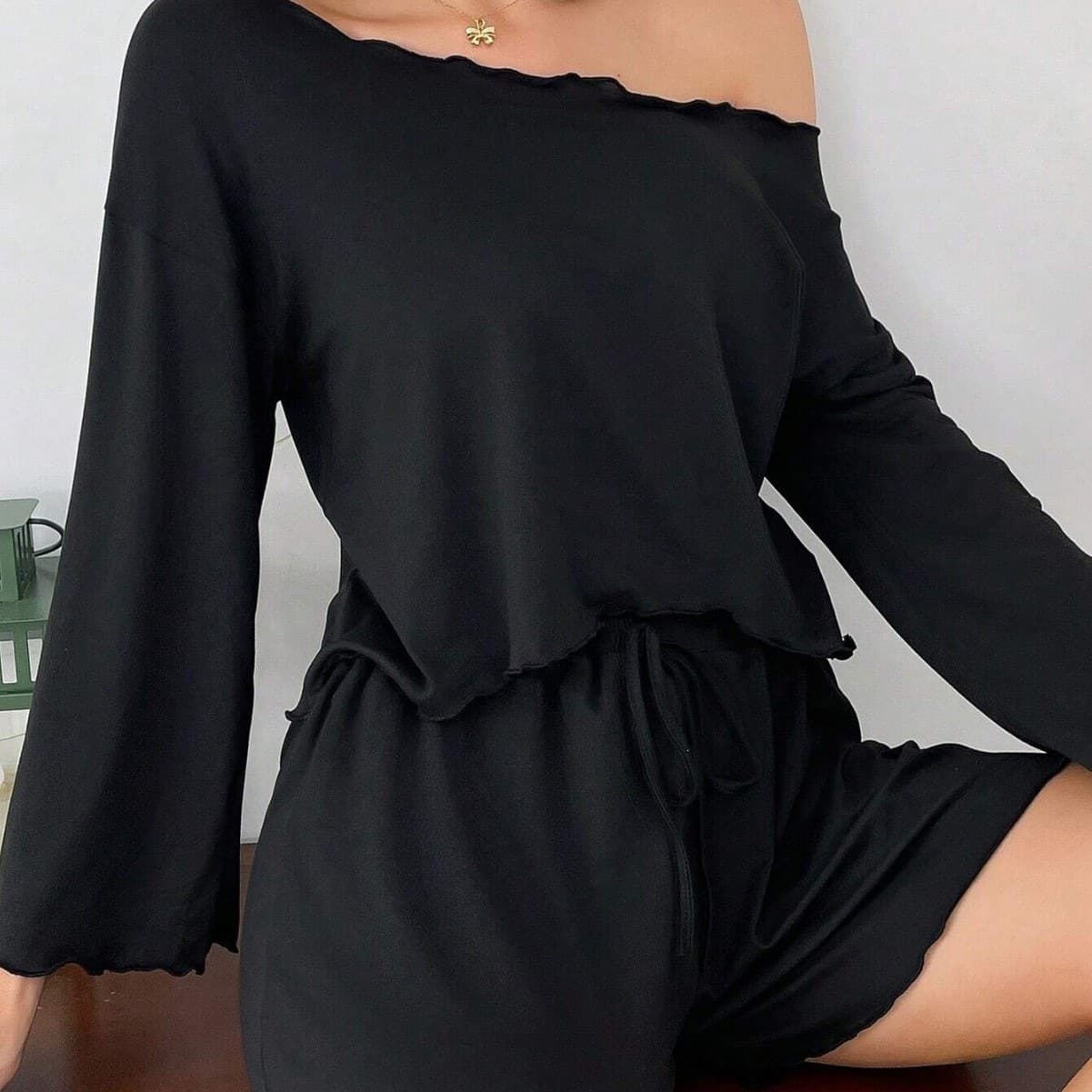Moshang European and American autumn 2025 new knitted edge long-sleeved shorts women's home wear casual and comfortable pajamas