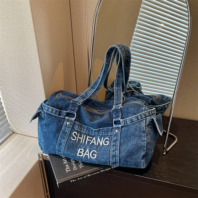 Retro letter embroidered denim women's bag new versatile trend motorcycle girl shoulder bag casual style tote bag