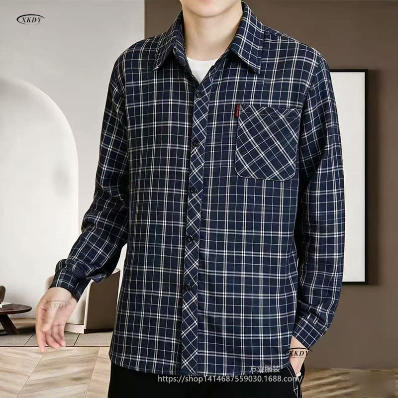 2026 Men's Spring Autumn Plaid Long Sleeve Shirt Turn-Down Collar Middle-Aged Casual Shirt Young and Middle-Aged Cardigan Base Layer Top for Men