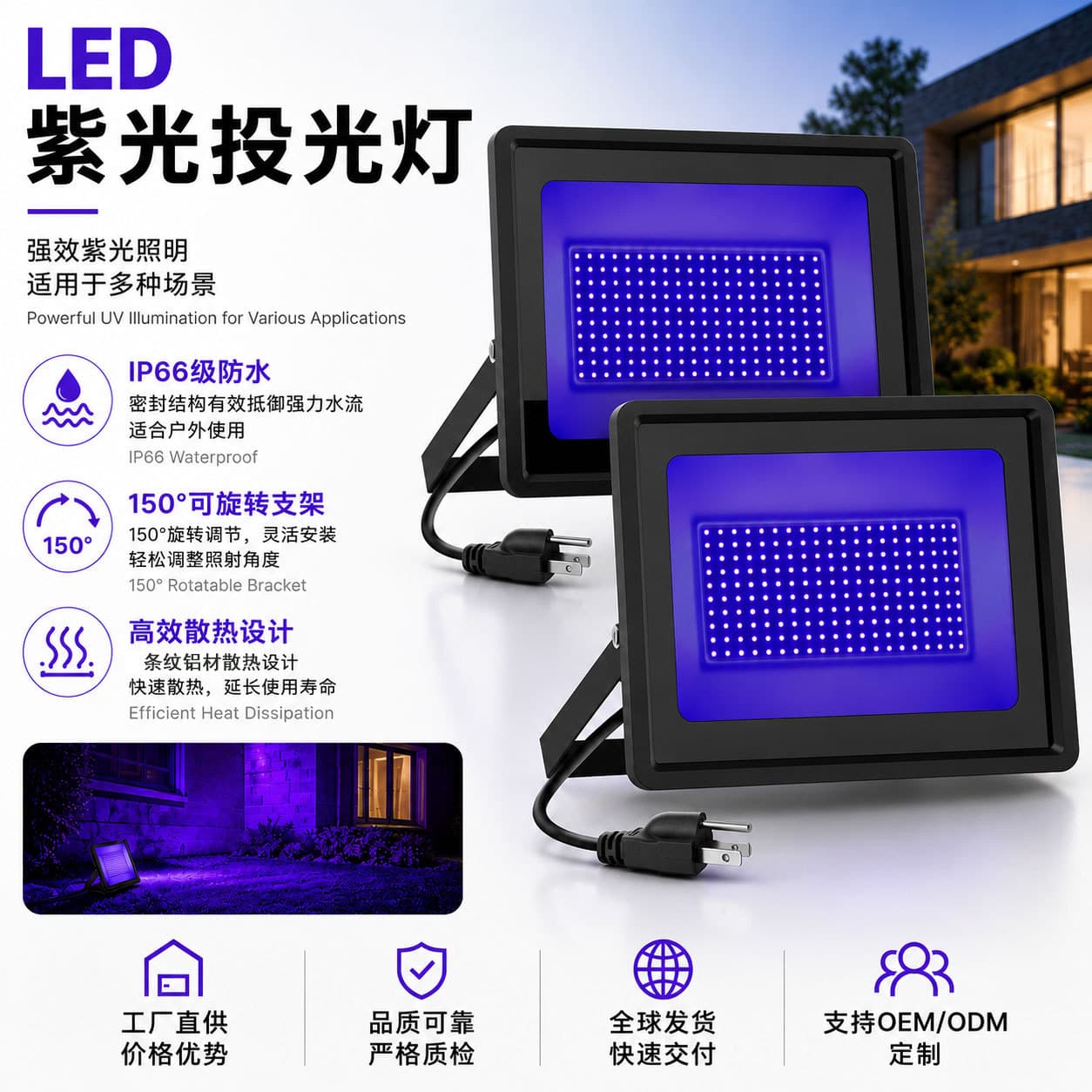Cross-border Amazon Black Light Purple Light 395nm Fluorescent LED Flood Light UV Curing Flood Light Foot Tile
