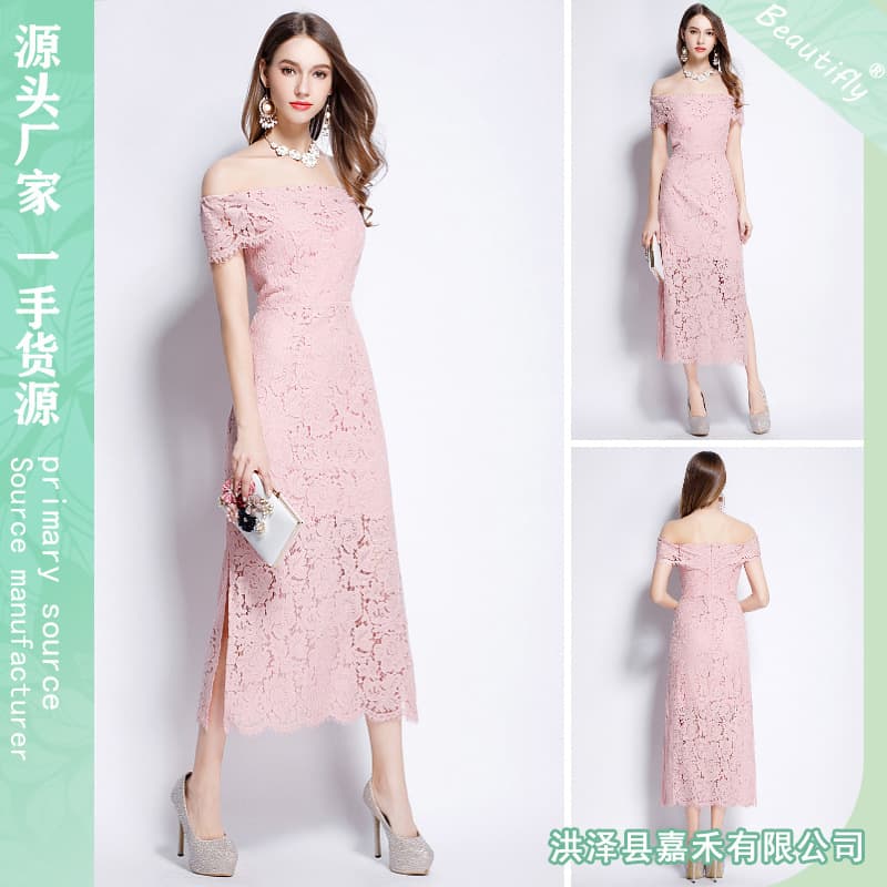 Cross-border European and American lace dress one-shoulder short-sleeved sexy slit long dress female banquet evening dress