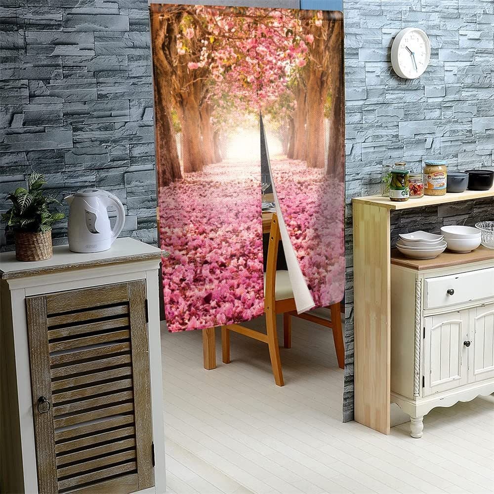Pink Cherry Blossom Japanese Fabric Door Curtain Bedroom Partition Curtain Kitchen Half Curtain Feng Shui Curtain Decorative Windproof Curtain