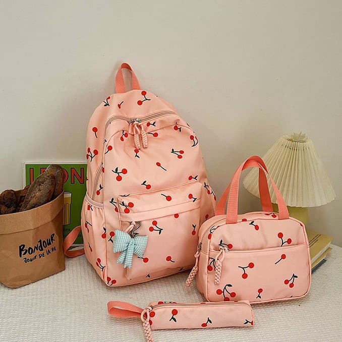 Stylish Cherry Fruit Three-Piece Set Multi-Functional Portable Versatile Student Backpack Casual Campus Style Double Shoulder Bag