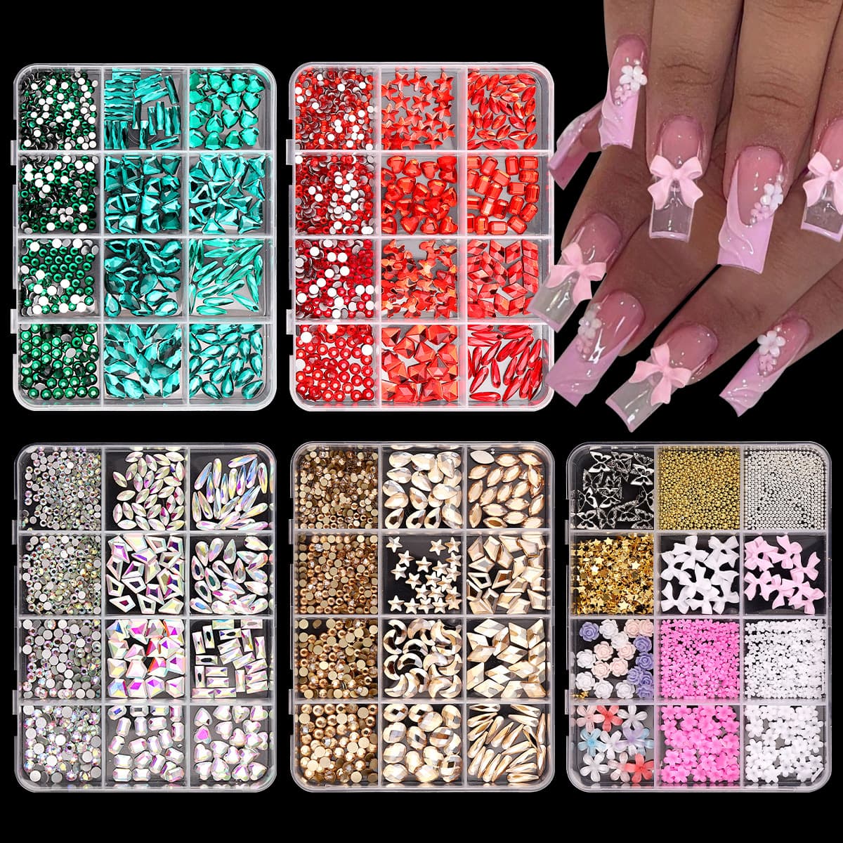 Cross-Border 12-Compartment Colorful Five-Petal Flower Nail Art Decorations Flat-Back Rhinestone Set Box Steel Beads Resin DIY Nail Accessories Wholesale