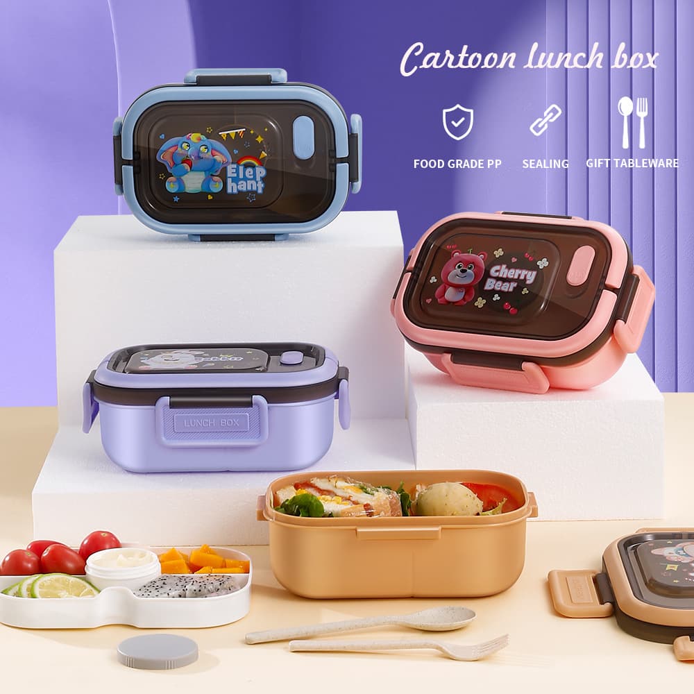 Japanese Cartoon Plastic Lunch Box, Sealed Large Capacity Bento Box, Microwave-Safe Student Lunch Box with Cutlery