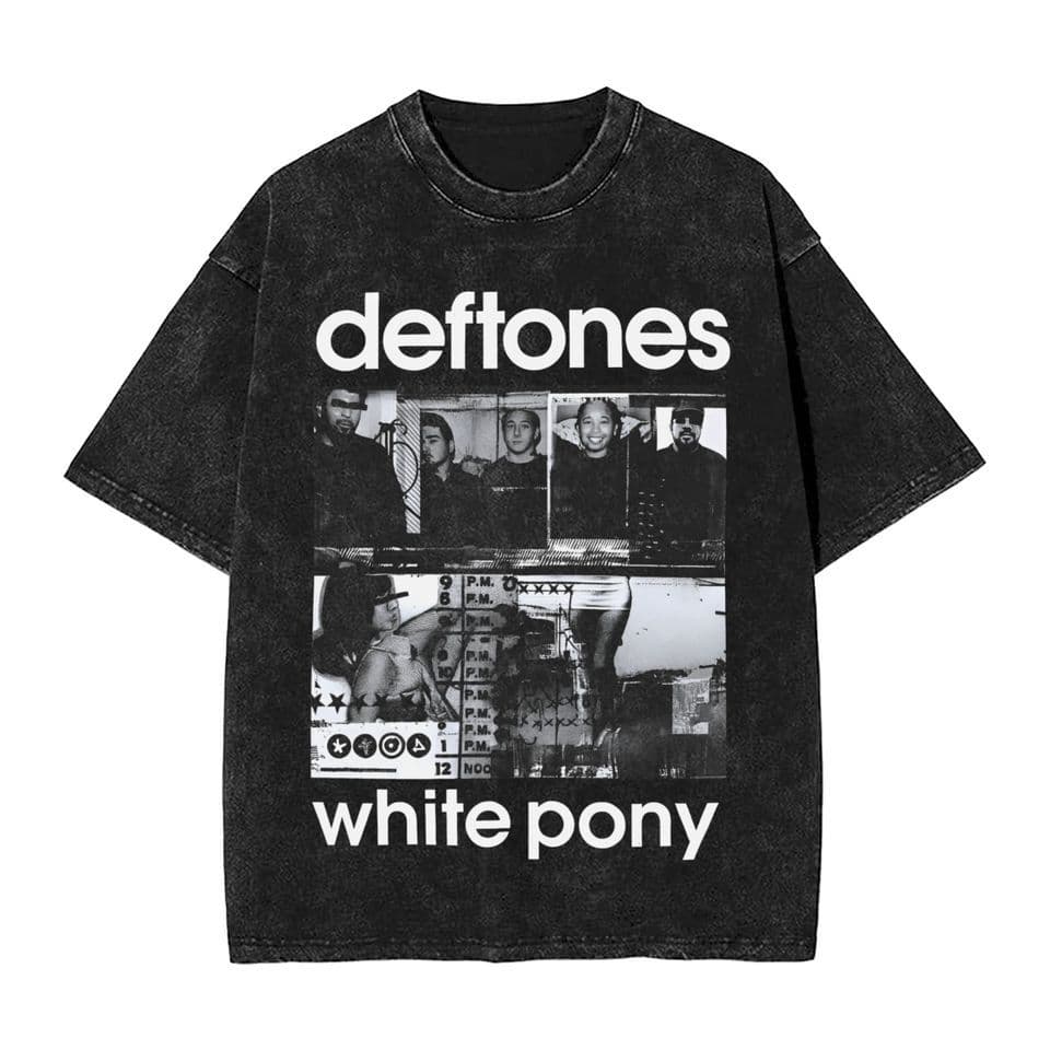 Oversized Washed T-Shirt, White Deftones Rock Band Cotton T-Shirt, Novelty T-Shirt for Summer
