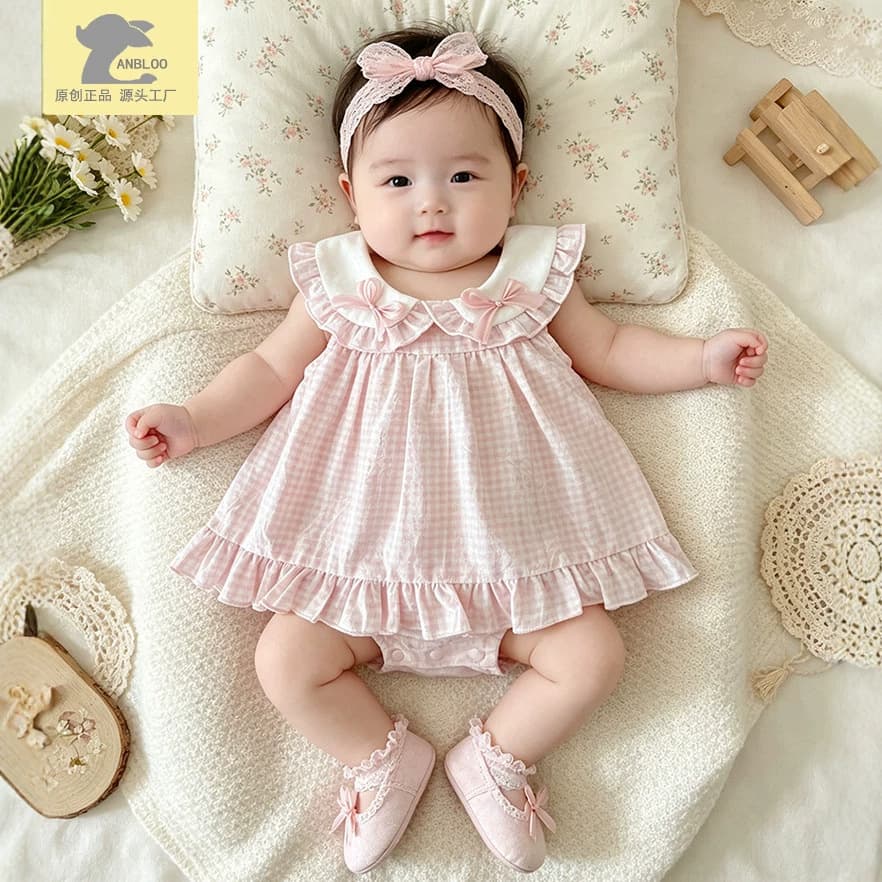 Cross-border girls' clothing, sweet pink plaid skirt, bow children's skirt, one-year-old baby romper, one-month-old baby girl's butt skirt