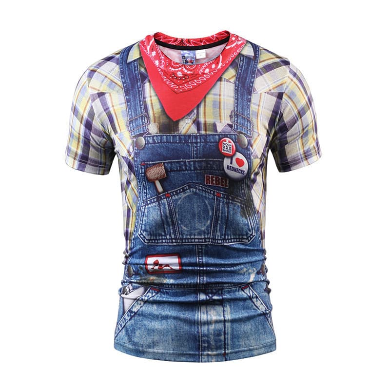 Cross-Border Novelty Men's T-Shirt European and American Denim Style 3D Digital Print Short Sleeve Tee