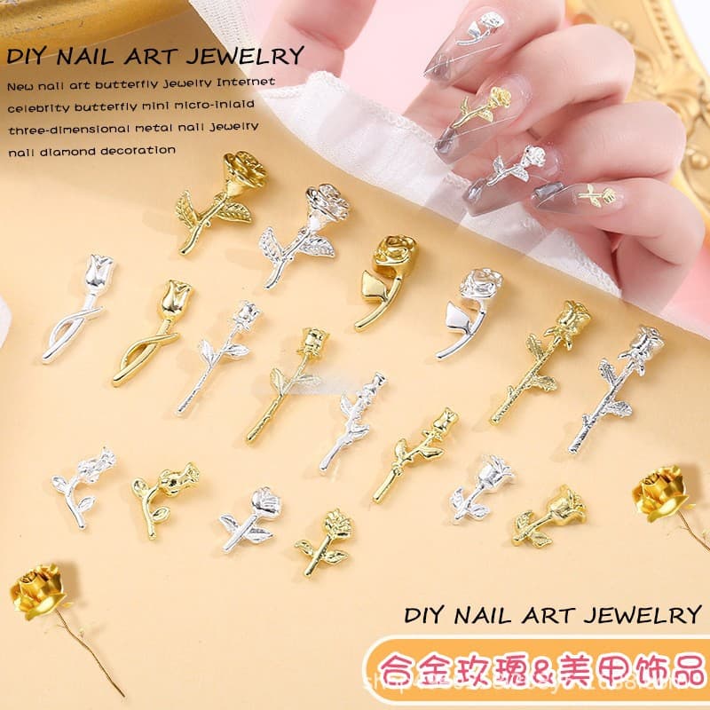 Cross-border Alloy Nail Art Accessories, New Internet-Famous Rose Metal Nail Flowers, Wearable Nail Art Decorations