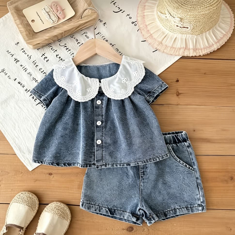 Baby Girls Clothes 0-3Y Summer Short Sleeve Denim Doll Collar Top + Denim Shorts