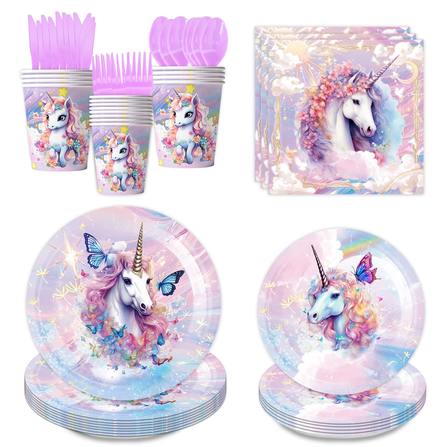 New Purple Unicorn Theme Party Supplies Birthday Party Set Disposable Paper Plates Napkins Tablecloth Decorations