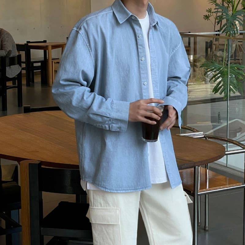 Men's Washed Denim Shirt Long Sleeve Autumn New Loose Casual Top Korean Style Denim Shirt Jacket