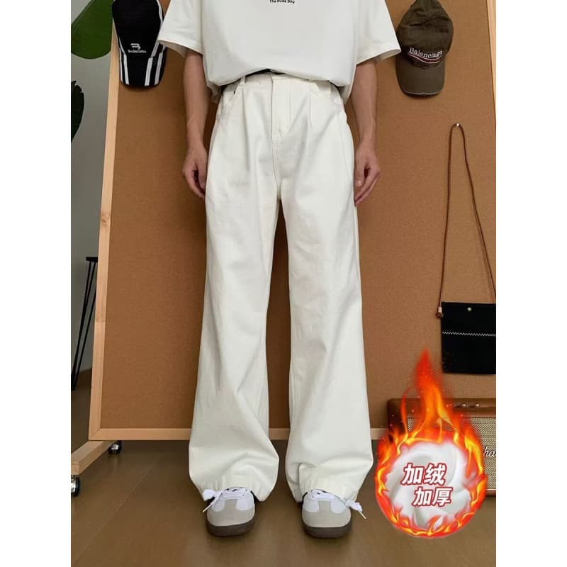 Double pleated white wide-leg casual pants for men, autumn and winter Korean style pants, trendy and versatile casual straight pants