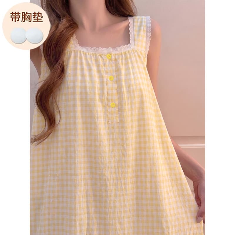 Women's Thin Summer Lace Pullover Mid-Length Nightgown with Fixed Padded Bra, Plaid Vest Dress, Girls' Homewear