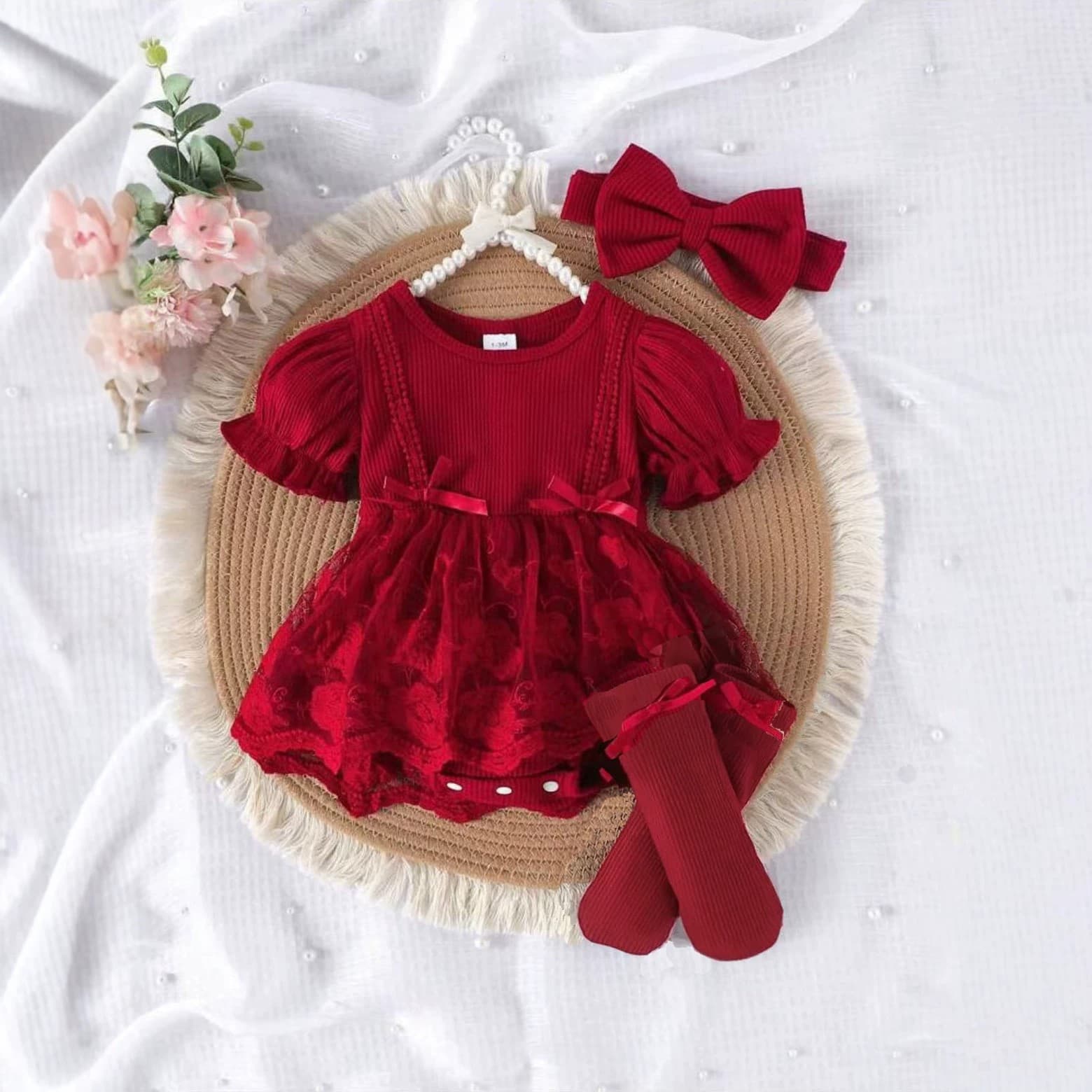 Cross-border new style puff sleeve baby bag + headband + mid-calf socks three-piece set