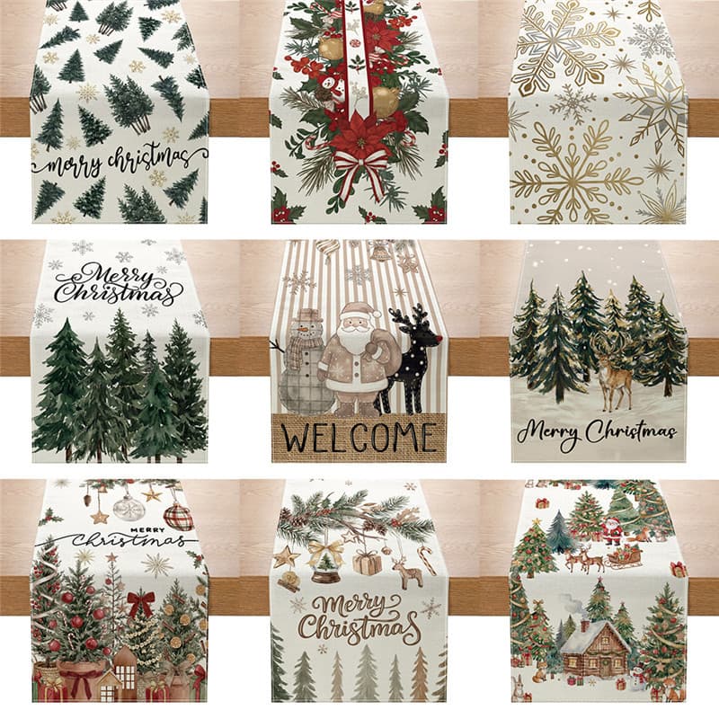 New Cross-Border Christmas Table Runner Santa Claus Reindeer Print Festive Table Decoration Long Tablecloth Custom