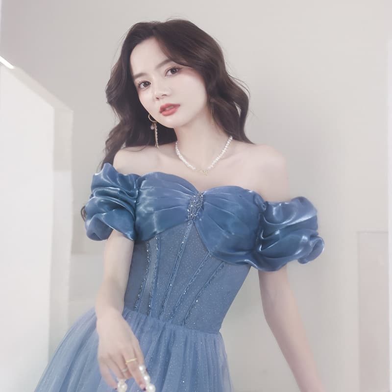 Blue evening dress 2026 spring one-shoulder simple banquet temperament performance host student art exam dress