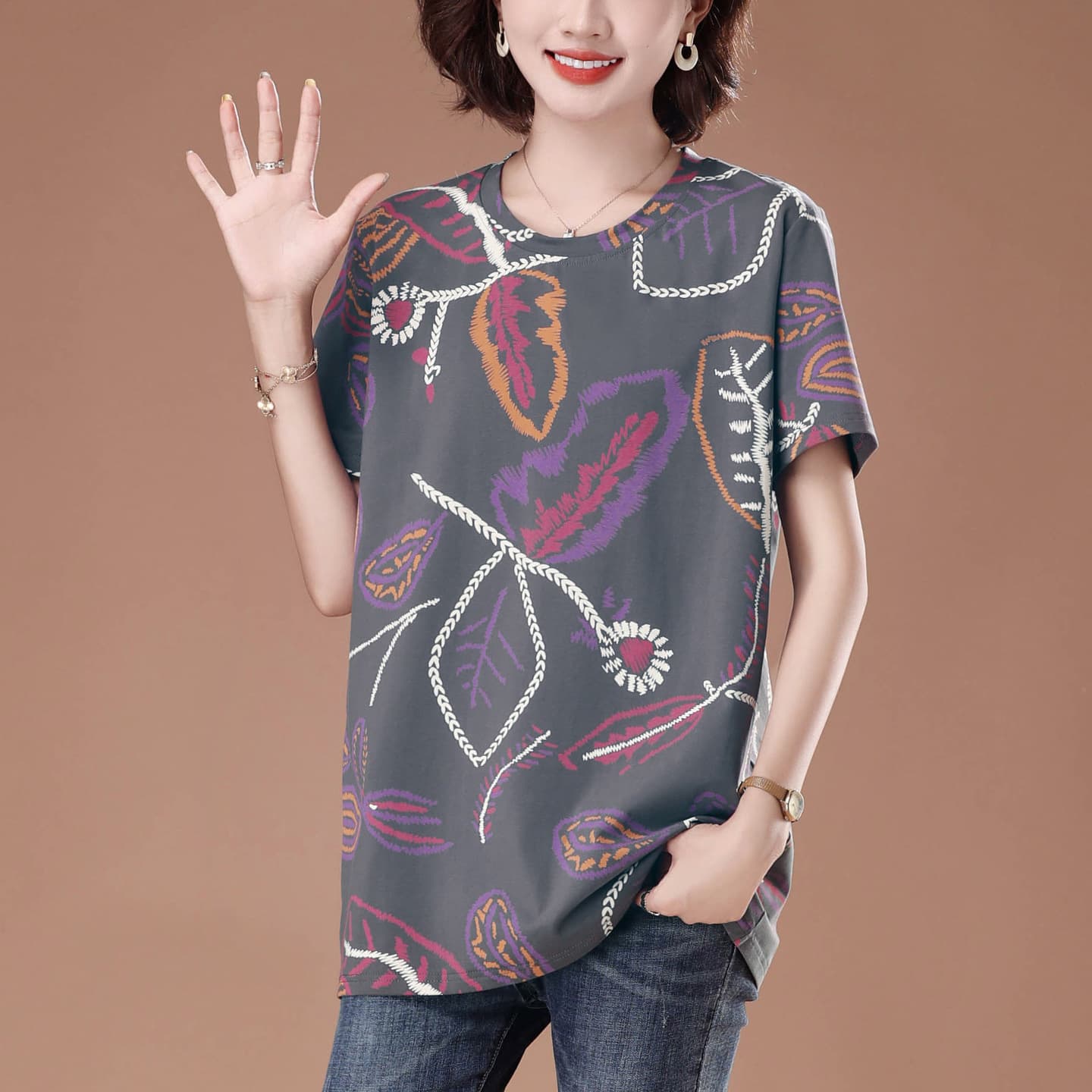 High Quality Pure Cotton Short Sleeve T-Shirt for Women, Fashionable Loose Fit Slimming Middle-Aged and Elderly Women's Summer 2026 New Style Tee