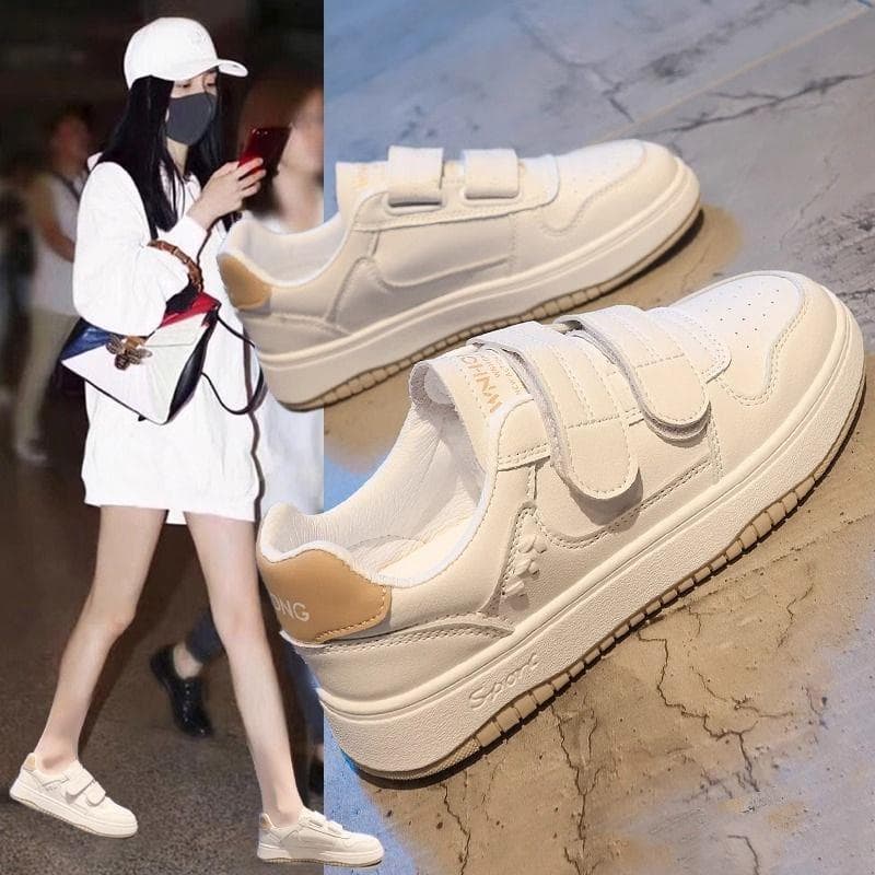 Women's Casual Slip-On Flat Shoes for Students, Soft Sole, Small-Foot Look, Velcro Strap Board Shoes