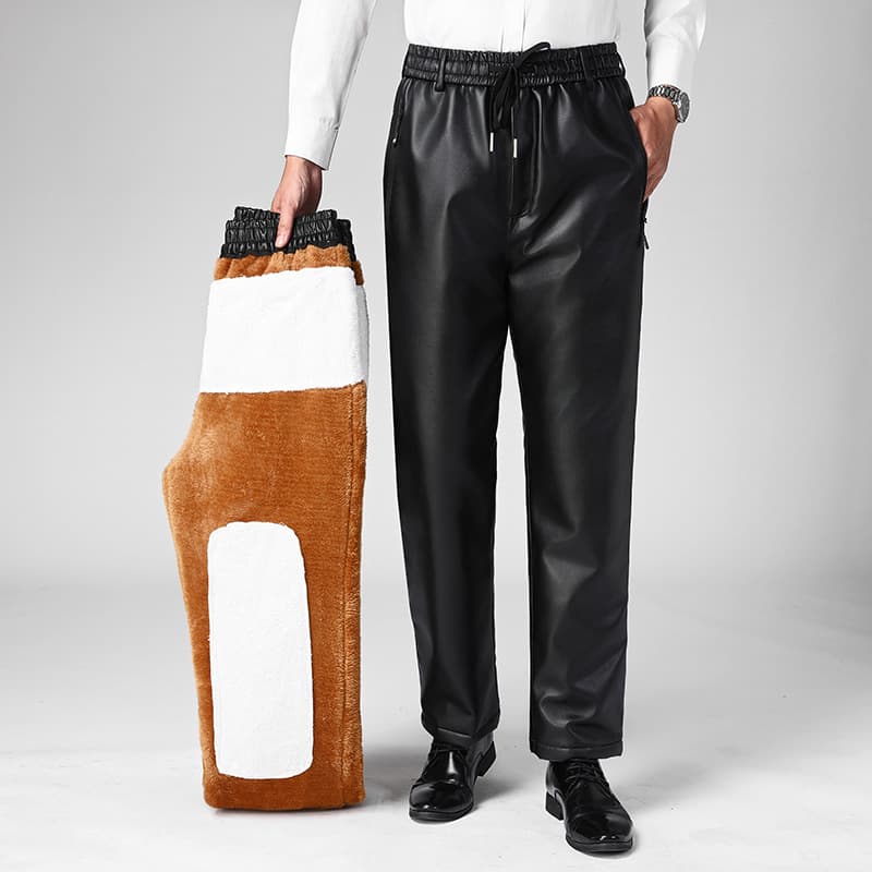 Men's Leather Pants Fleece-Lined Casual Pants Winter Middle-Aged and Elderly Cold-Resistant Windproof Leather and Fur Integrated Warm Cotton Pants PU