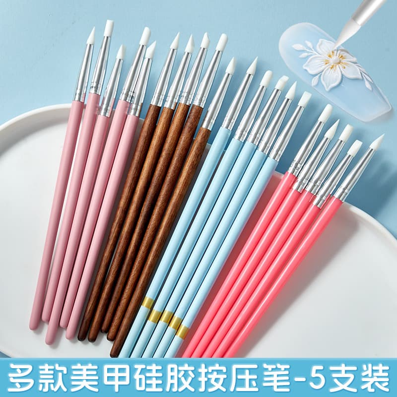 Cross-border Nail Art Silicone Pen Set, 5-Piece Wooden Handle Silicone Pen, Dotting Pen, Indentation Pen, DIY Polymer Clay Nail Art Tool Pen