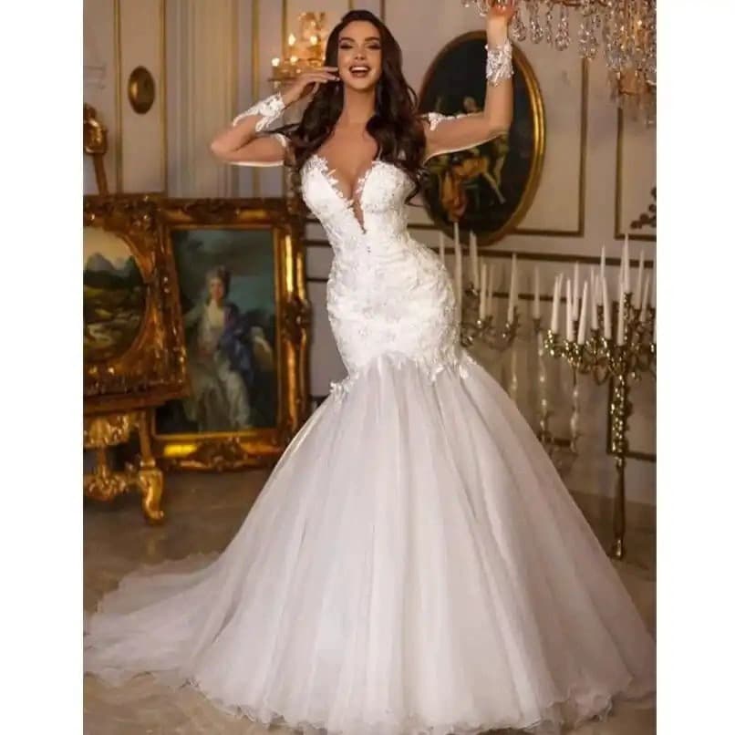 New Summer White Wedding Dress Slim Fishtail Sexy V-Neck Long Sleeve Lace Banquet Evening Gown