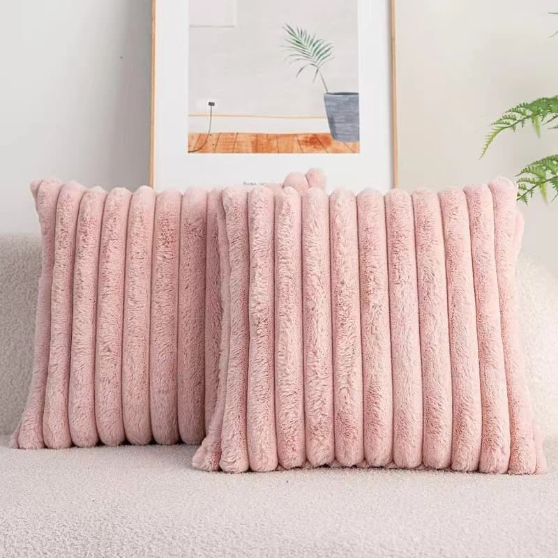 Faux Rabbit Fur Plush Vertical Stripe Ins Style Solid Color Double-Sided Throw Pillow Sofa Cushion Square Pillow Cover Soft Living Room