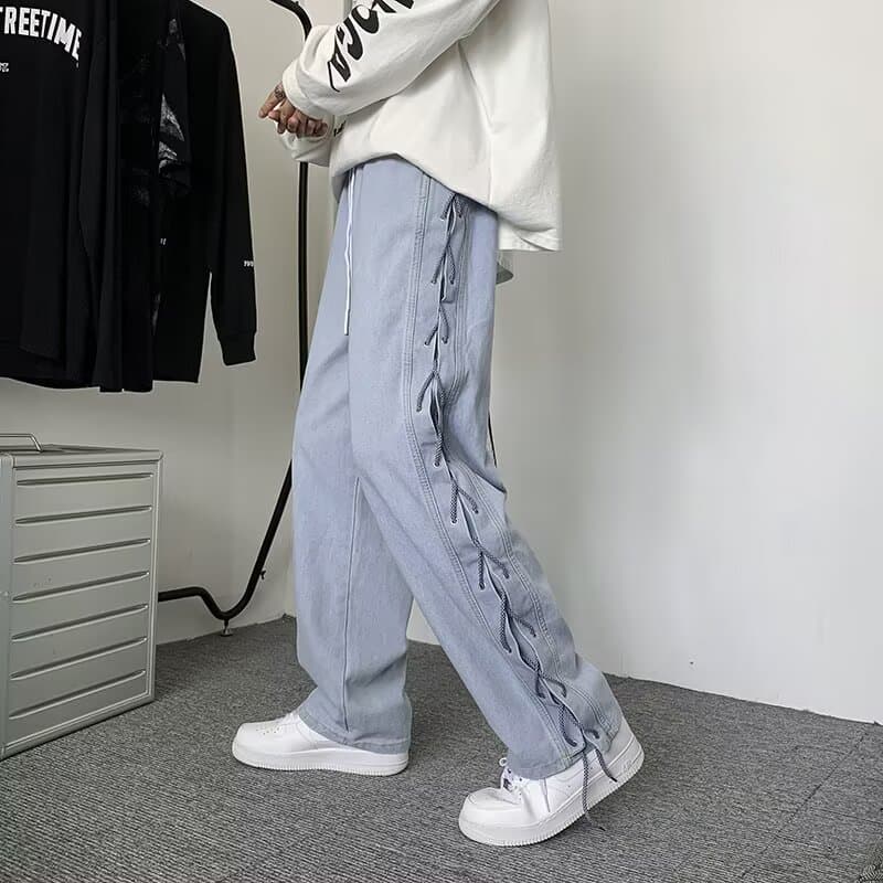 Chunqiu High Street Jeans for Men, Loose Straight Leg Patchwork Design, American Streetwear Hiphop Trendy Casual Pants