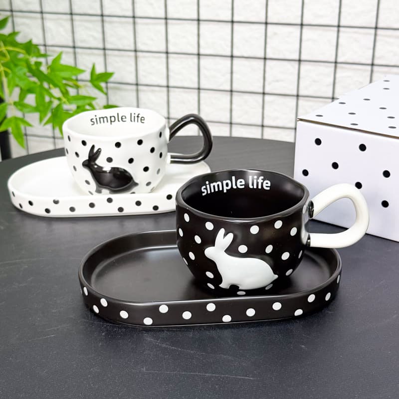 Black and White Polka Dot Rabbit Relief Ceramic Mug with Tray, Office Afternoon Tea Cup Home Coffee Cup Gift Box