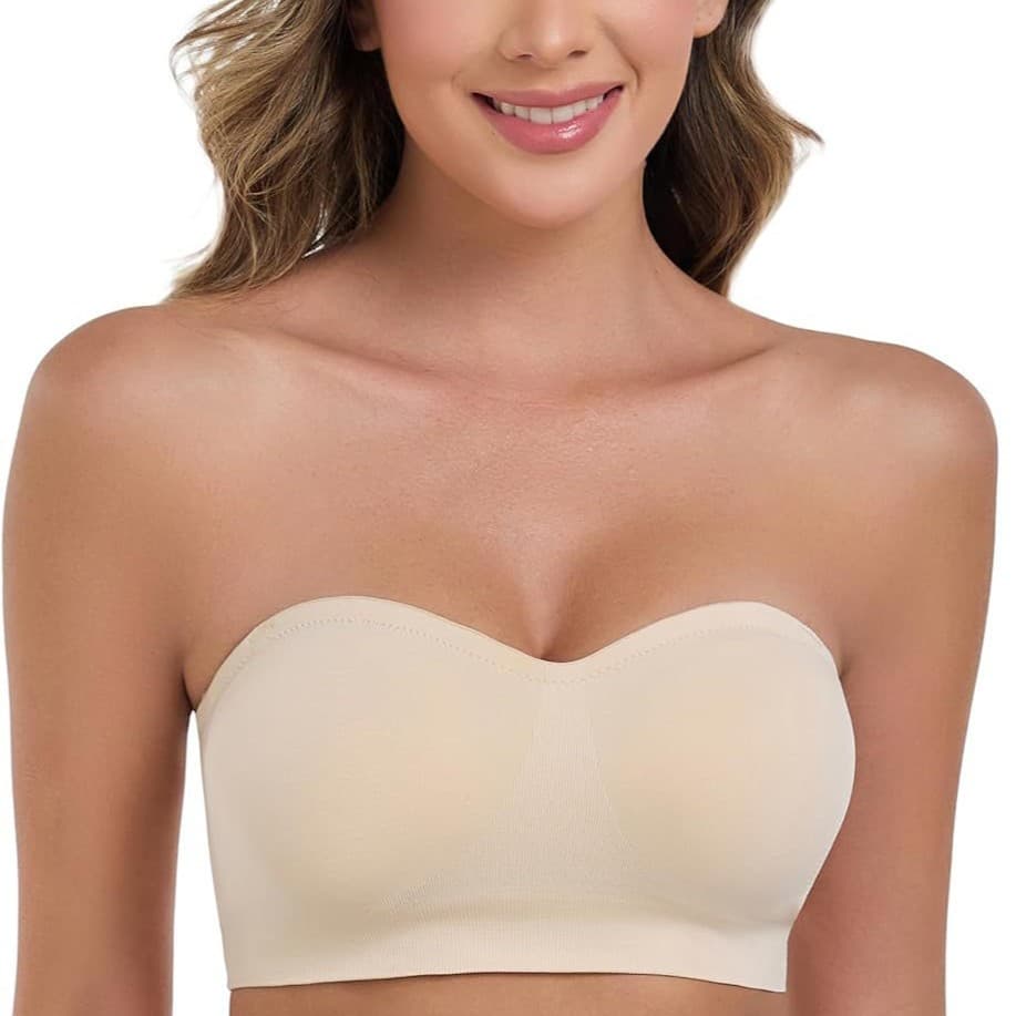 Angool Women Strapless Bra Wire Free Non-Slip Tube Top Invisible Bra Seamless Padded Bandeau Bra
