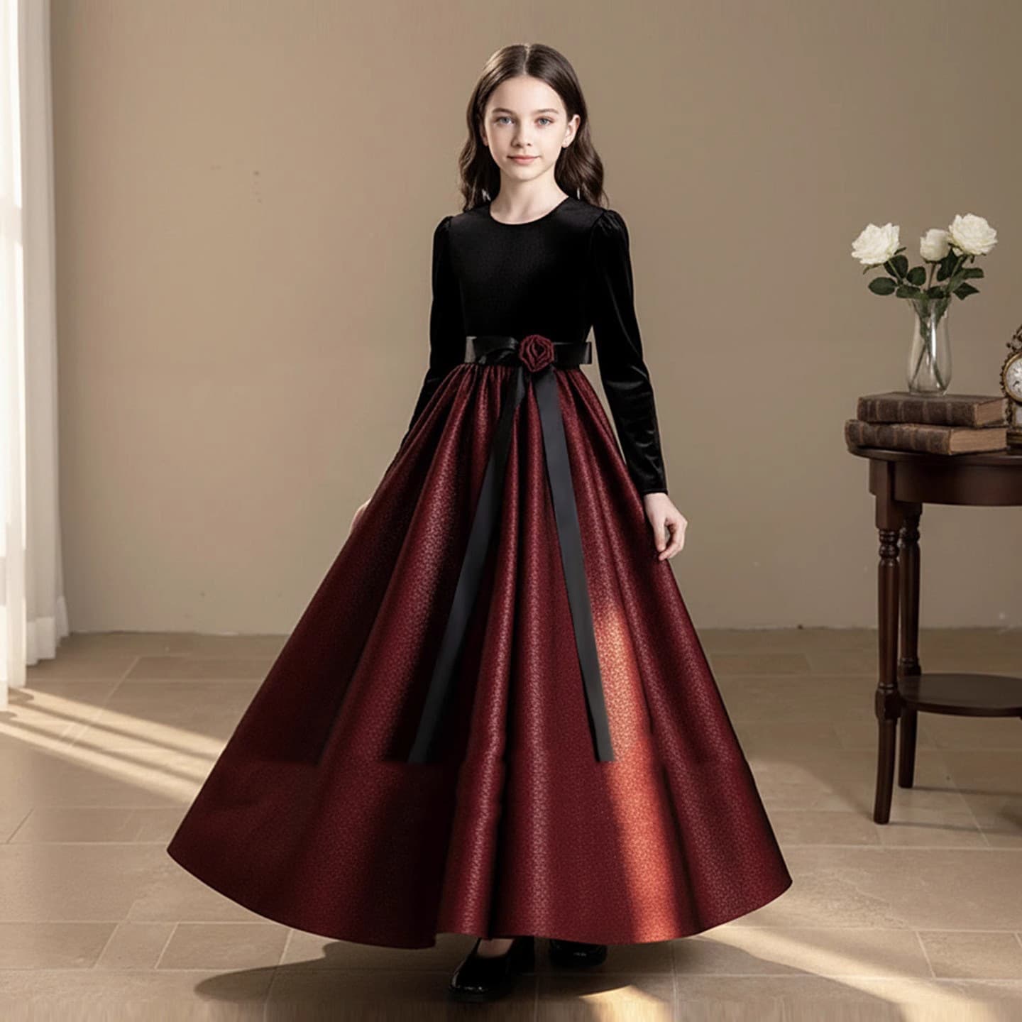 Children's Formal Dress Autumn/Winter Premium Black Long-Sleeve Velvet Princess Gown for Girls, Violin Piano Performance Outfit