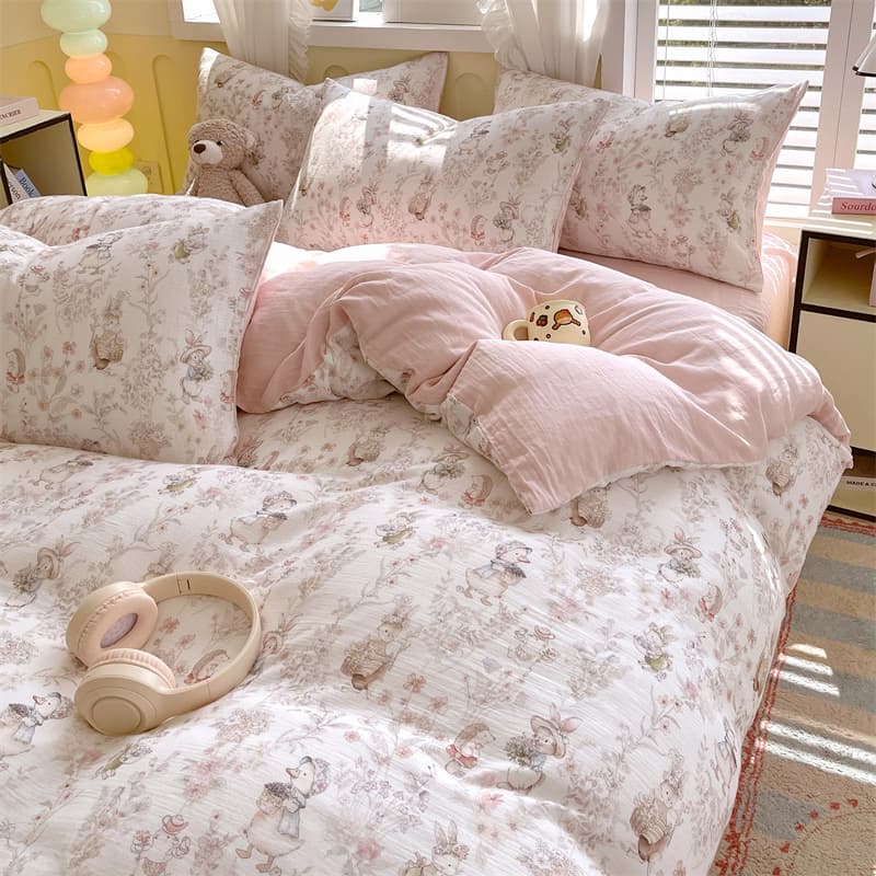 Korean Style Fresh Cotton Wrinkled Gauze Pink Rabbit Cartoon 4-Piece Set, Girl's Bedding 3-Piece Pure Cotton