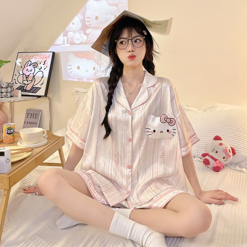 Japanese Cartoon Cute Hello Kitty Summer Ice Silk Pajamas for Women with Padded Bra, Open-Front Notch Collar Casual Short Sleeve and Shorts Set