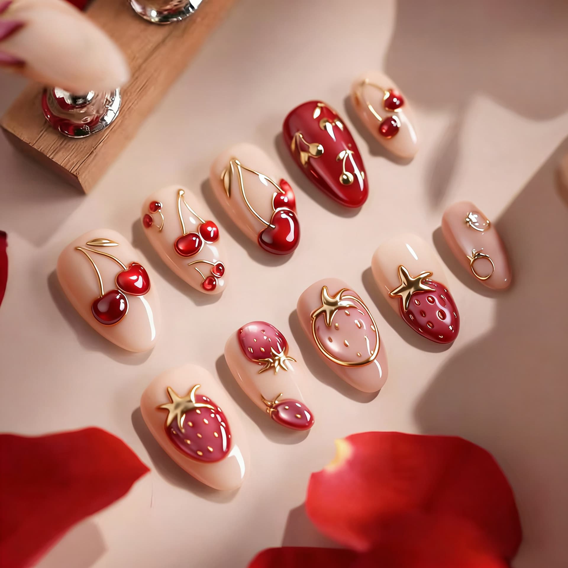 30 Pieces Cross-Border Short Almond-Shaped Gold-Plated Nail Tips with Premium Feel, Sweet Strawberry Fake Nails, French Style Wearable Nail Tips