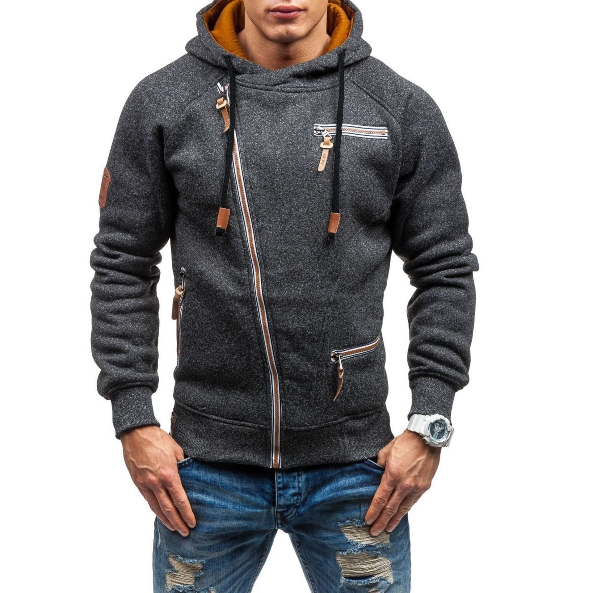 New Men's Hooded Sweatshirt with Personalized Side Zipper, Cationic Heather Fleece Sweatshirt
