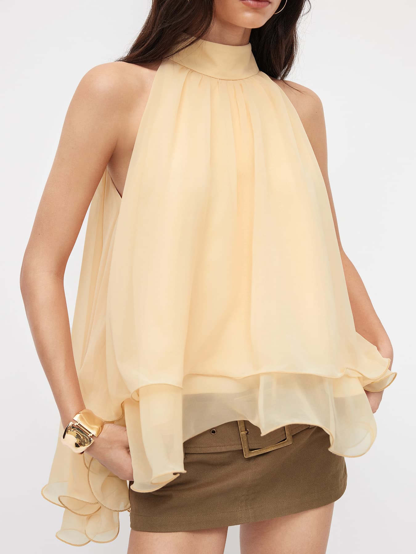 Cross-border Hot-selling Ruffle Sleeveless Halter Top for Women Summer High-end Off-shoulder Loose Flowing Chiffon Blouse