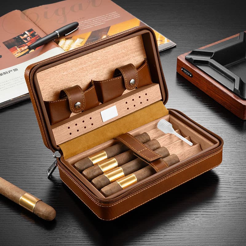 Cigaron cigar portable box with cedar wood lining, four-pack including humidifier, portable gift box CA-25LX