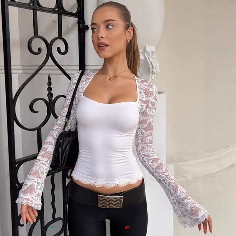 Cross-Border European and American Style Lace Patchwork Hollow-Out Design Long-Sleeve T-Shirt, Casual Versatile Pure Desire Waist-Cinching Basic Top