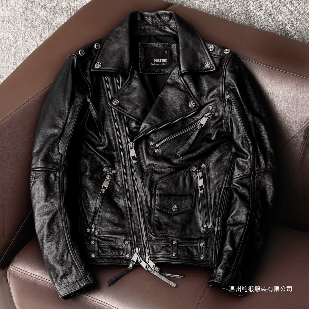 Harley Heavy Motorcycle Jacket Pure Top-Grain Leather Men's Riding Jacket Multi-Zip Leather Coat Black