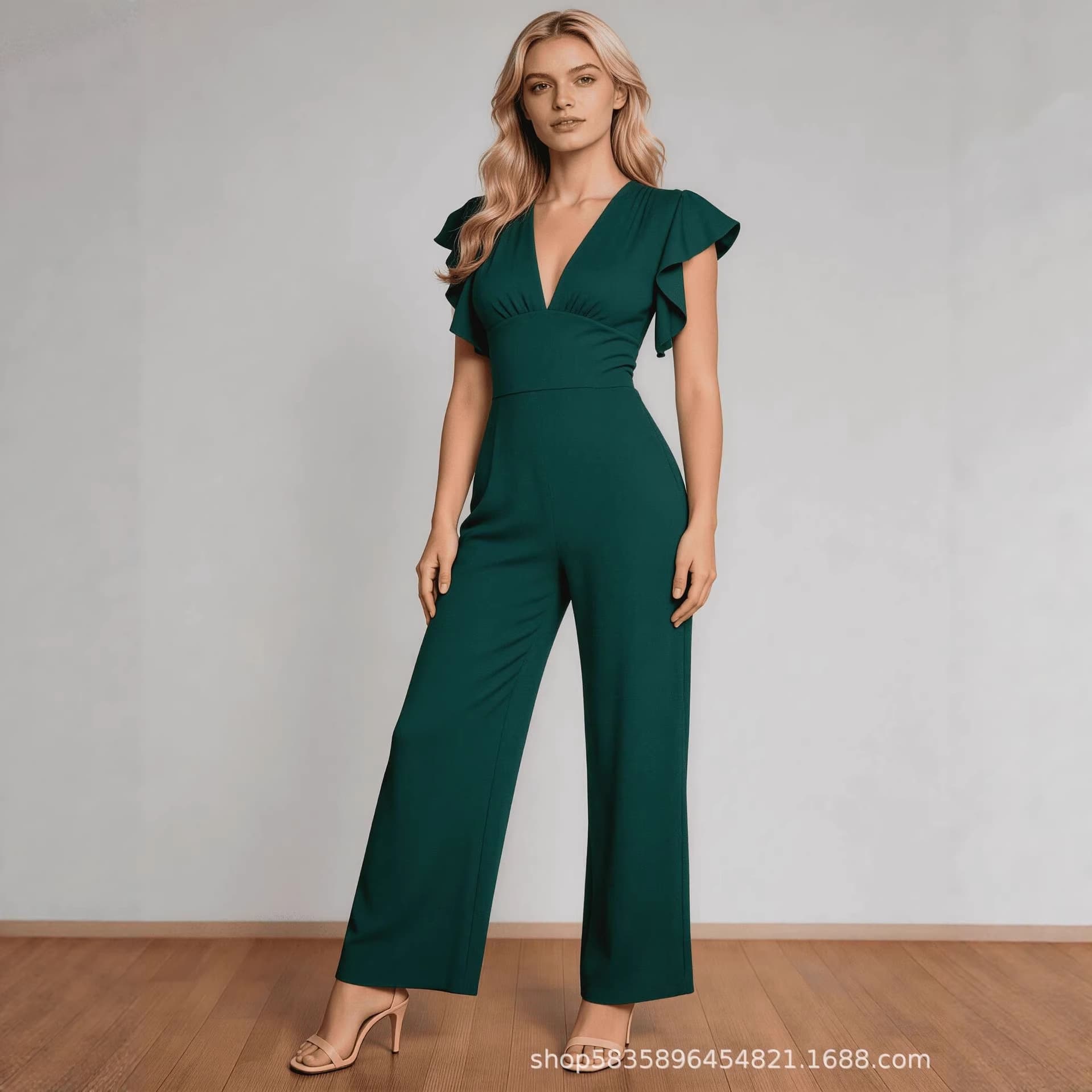 Women's V-Neck Ruffle Sleeve Jumpsuit, Slimming and Height-Enhancing European and American Style Wide-Leg Jumpsuit for Cross-Border E-Commerce