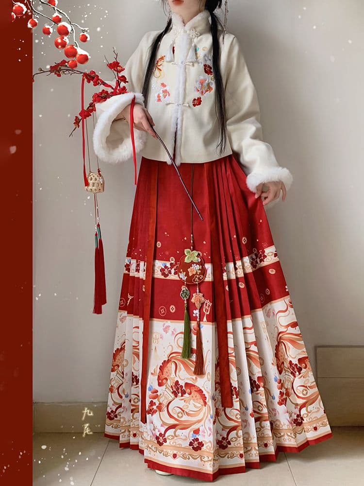 17 Hanfu Women's Winter【Yu Jin Li】New Chinese Style Stand-up Collar Fleece Embroidered Horse-face Skirt Daily Han Elements